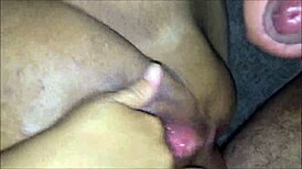 cums deep inside her fat shaved pussy at home