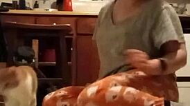 grey workout mom stretches in homemade pov