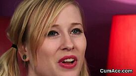 Horny doll receives cum shots on face during blowbang