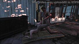 In fallout 4's sanctuary, a brunette teen engages in hardcore fucking with hentai-style animation.