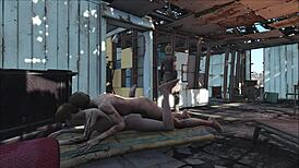 In fallout 4's sanctuary, a brunette teen engages in hardcore fucking with hentai-style animation.