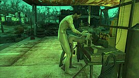 In fallout 4's sanctuary, a brunette teen engages in hardcore fucking with hentai-style animation.