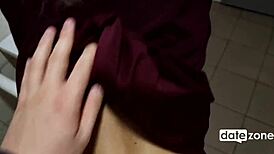 Quickie with a teen girl in a public toilet, sucking cock and doggystyle tits outdoor.