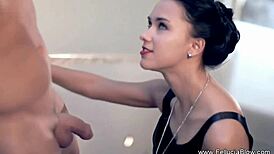 Brunette Milf Gives Blowjob And Handjob To Her Man