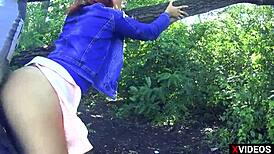 European redhead milf bent over, pussy exposed, fucking in public reality.