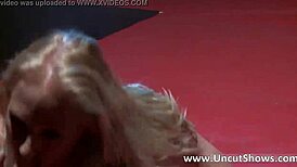 Nasty blonde babe strips outdoors in public, tearing clothes for wild exposure