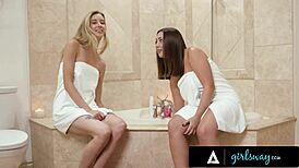 girlsway's haley reed shares a steamy bath with roommate for wild pussy licking