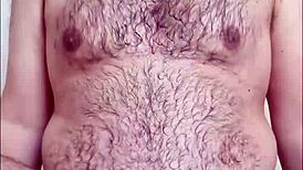Curious gay chubby man reveals hairy body