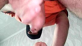 Guy moaning and shaking while cumming inside a fake pussy