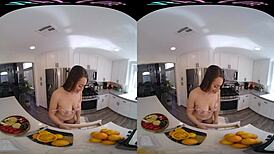 Vrallure brunette masturbates with juicer in stockings, fingering her big tits and anal