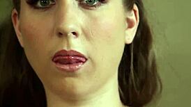 Busty babe teases with deep skills on dark shaft