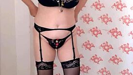 Mariaold Milf With Natural Big Tits Teasing In Black Stockings And High Heels Shoes