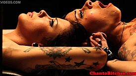 tied up lesbian babes face femdom punishment in garage bondage