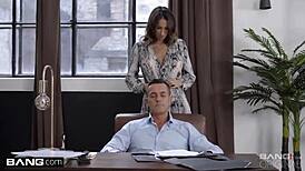 Brunette babe Natalie Grace bends over for sloppy blowjob and cowgirl fucking in casting session