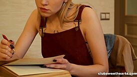 Stop studying and start fingering that shaved pussy with natural tits!