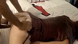 French slut in brown satin dress gets fucked doggystyle with POV blowjob and dirty talk