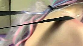 Tied cutie intensely sucks cock on dildo fuck machine