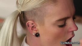 Slutty stunner swallows cum load on her face