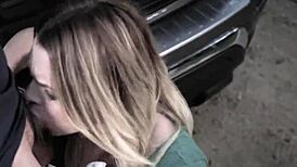 i gave aubrey sinclair a sloppy blowjob on the driver's thick cock outdoors.