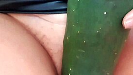 suggestive mature woman spreads legs for cucumber masturbation massage