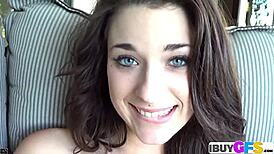 Sweet Brunette Rubs Dildo On Pussy! Watch Her Lick It To Outdoor Orgasm With Natural Tits.