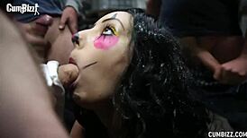 Teen Swalloween prank turns into messy blowbang with deepthroat action.