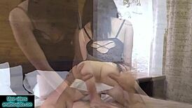 Petite 18+ redhead slut in black stockings and high heels gets fucked hard on table and window