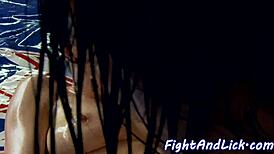 pussylicking lesbo babes wrestle oiled fight