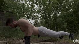 damn, that naked boxer got a hard cock and gay precum dripping during his sweaty workout!