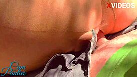 The teacher tears her pantyhose and receives a cumshot on them outdoors.