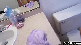 dagfs - grumpy girlfriend bent over in the bathroom, getting a hardcore blowjob and doggystyle cumshot from her friend