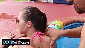 i took advantage of a hot petite teen in bikini at pool for blowjob and facial