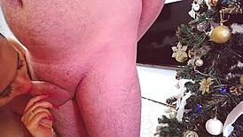 A couple enjoys close-up blowjob with big tits