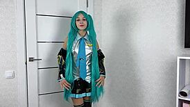 Watch her pussy get fucked in vocaloid cosplay, bent over and cowgirling rough before a creampie cumshot.