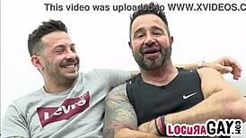 Gay big dicked has bareback sex on couch