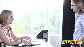 nerdy chick blows and fingers her new boss