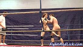 Wow, check these lesbian babes wrestling hard in the ring!