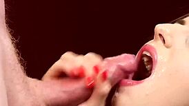 Flirty Doll Receives Sticky Cumshot on Face While Swallowing Every Drop