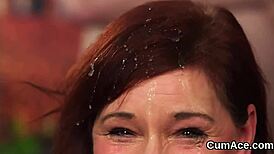 bombshell receives facial cumshot and swallows all sperm