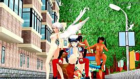 naked anime girl and futanari dancing naked in the yard, so enticing