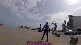 she walks along the boardwalk, showing off her ass, and ends up getting fucked doggystyle outdoors