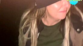 slut cracky takes stick up shaved pussy in public