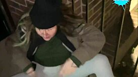 slut cracky takes stick up shaved pussy in public