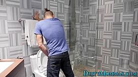 Stepmother receives facial after intense fucking with blowjob and handjob in group threesome