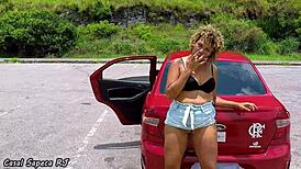 Hot outdoor touch in public car trip!