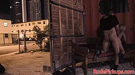 Hardfucked teen 18+ bent over and bound in public bondage, rough fucking with cum in mouth