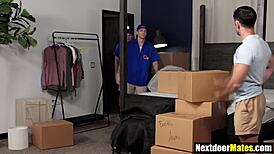 Hot Movers Engage in Bareback Threesome with Client, Including Blowjob and Anal