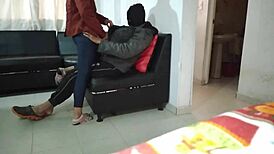 Masked neighbor gives blowjob in living room