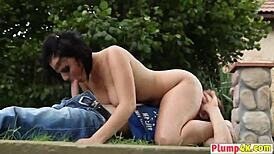 Plump Dominika teases with blowjob and handjob outdoors