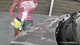 blonde babe joins couple for steamy threesome in van